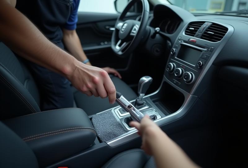 Skilled technician meticulously cleaning a car's interior with specialized tools.