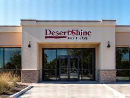 Exterior view of the clean and modern Desert Shine Auto Spa facility in Dubai.