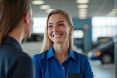 Friendly team member smiling while interacting with a customer.