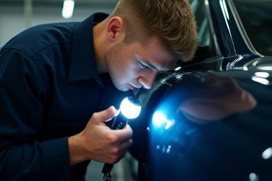 Highly trained technician carefully inspecting car paintwork under specialized lighting.